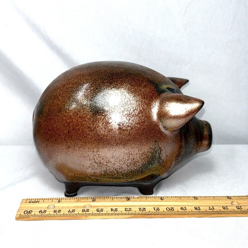 Vintage Pottery Pig Raku Glazed Metallic Copper 6" Sculpture Figure Unsigned
